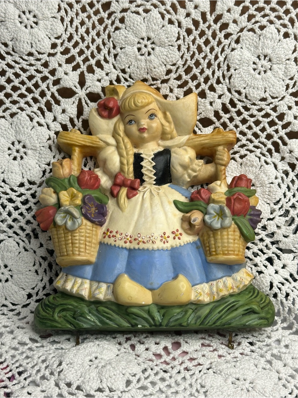 Handpainted Tulip Basket Dutch Girl Wall Plaque/key holder, Chalkware MCM
